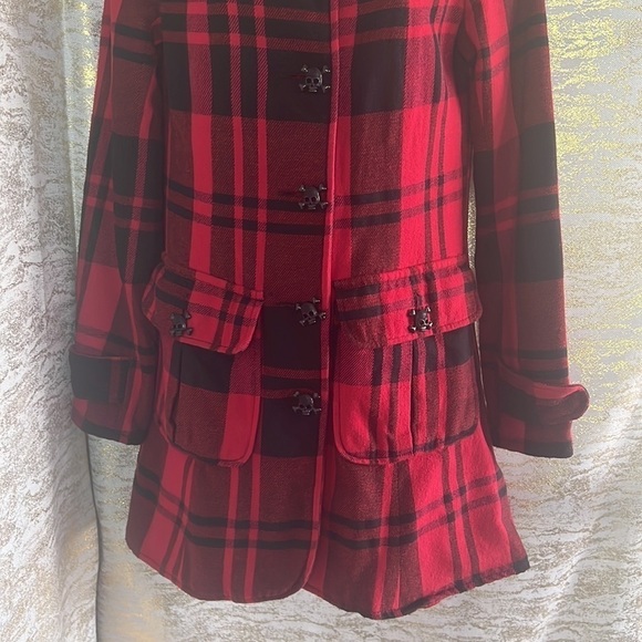 Anthropologie BB Dakota Red/Black Plaid Gothic Skull Pea Coat Coat Size S - Picture 6 of 16
